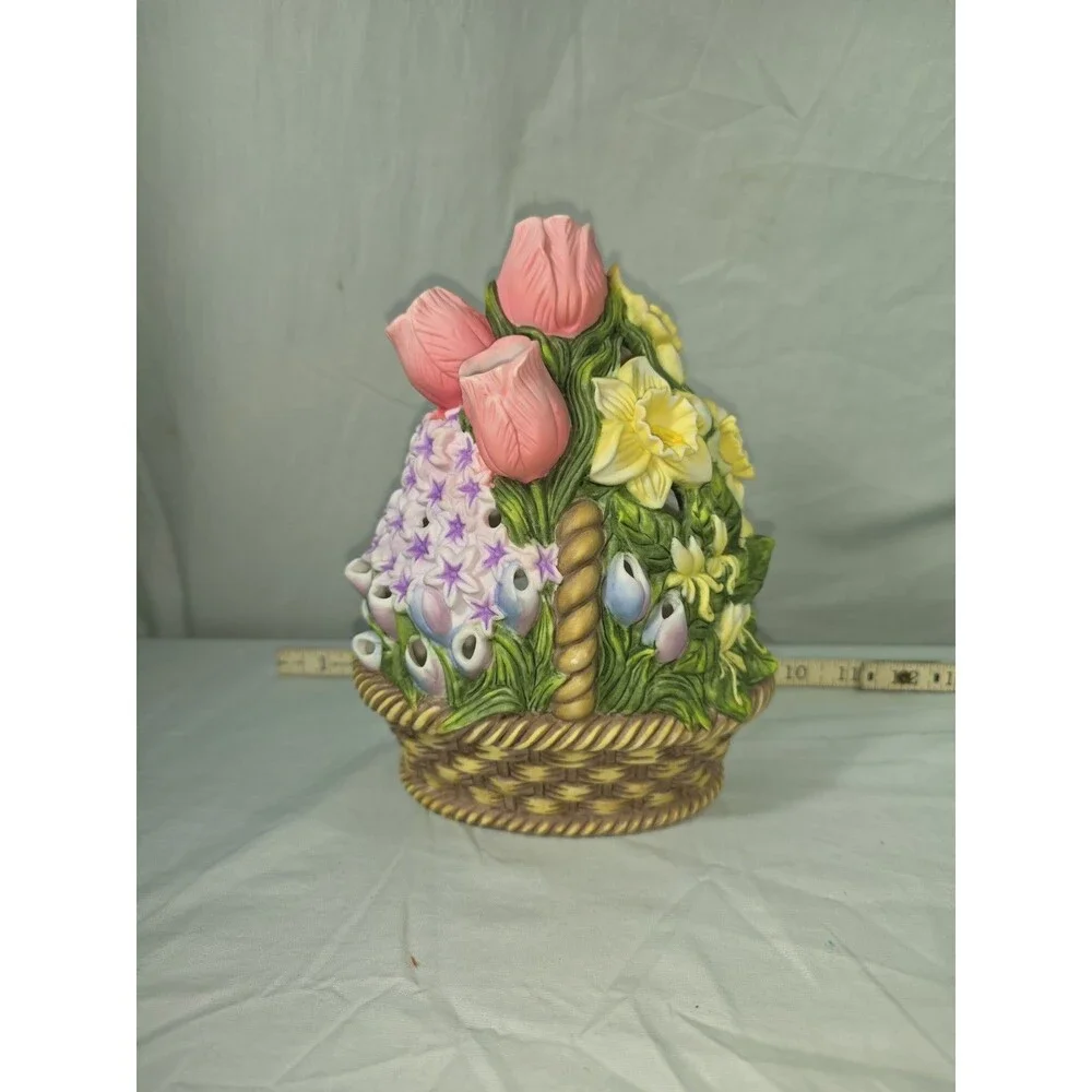 Vintage PartyLite Ceramic Flower Basket Tealight Candle Holder Spring Floral